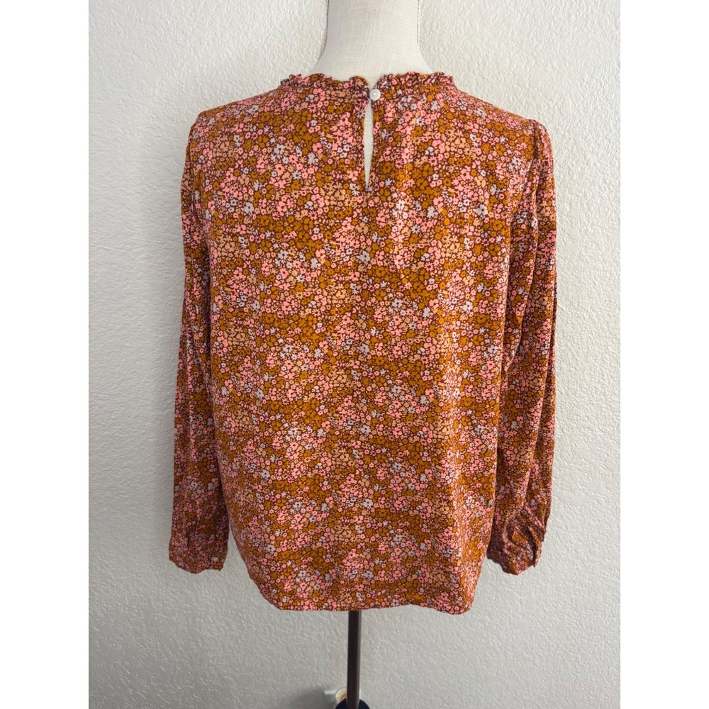 Universal Thread Floral Blouse L Excellent Ruffle Neck Long Sleeve Rust Multi - Picture 2 of 9